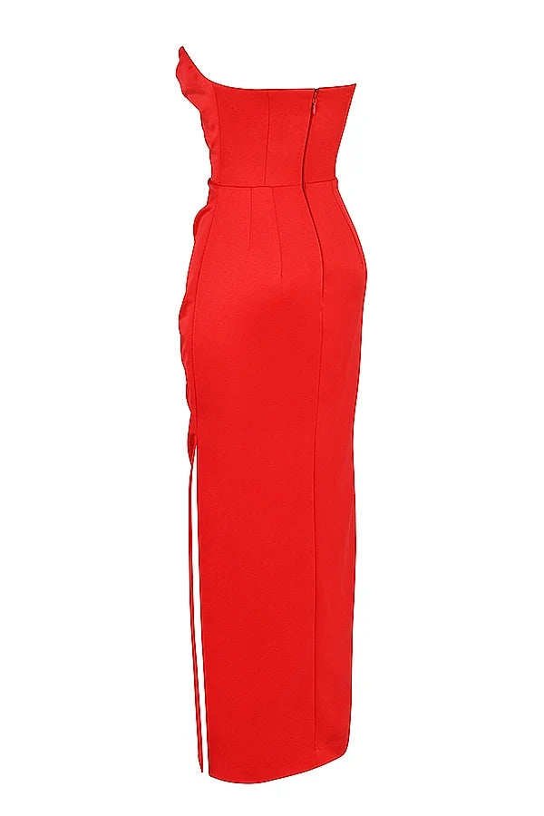 scarlet satin strapless gown