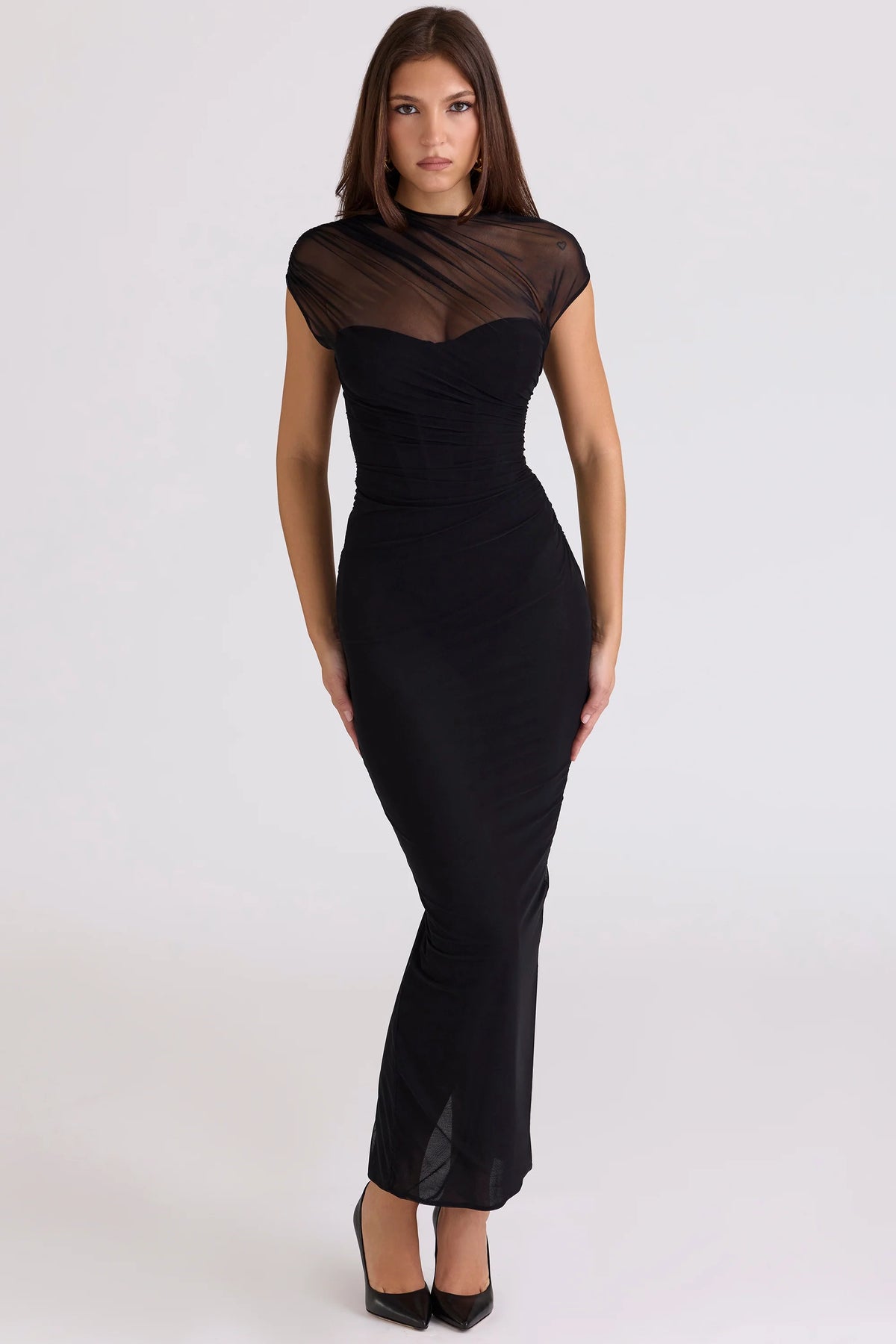 black draped mesh maxi dress