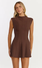 Becky Mini Dress High Neck Sleeveless Fit And Flare Dress in Chocolate