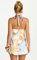 Robyn Mini Dress Square Neck Halter Neck Faux Wrap Dress in Retro Flower Border Print