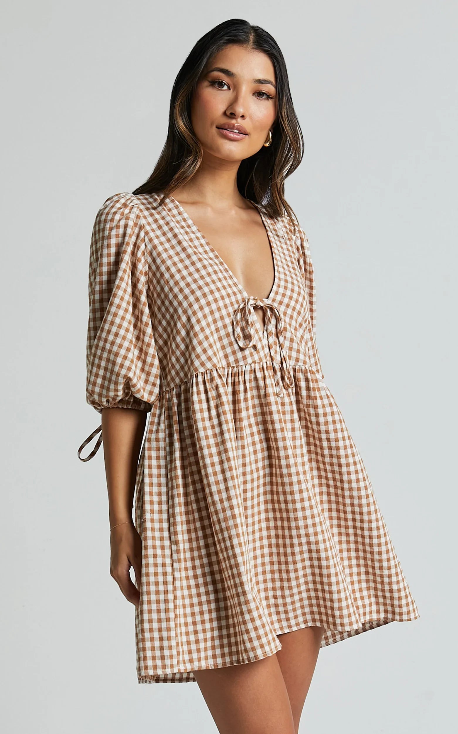 Rosita Mini Dress Tie Front Puff Sleeve Dress in Caramel White Gingham