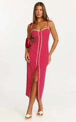 Camille Midi Dress Button Front Bustier Lace Trim Fitted Dress in Red