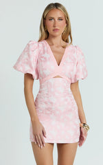 Diana Mini Dress Jacquard Short Sleeve Cut Out Dress in Light Pink