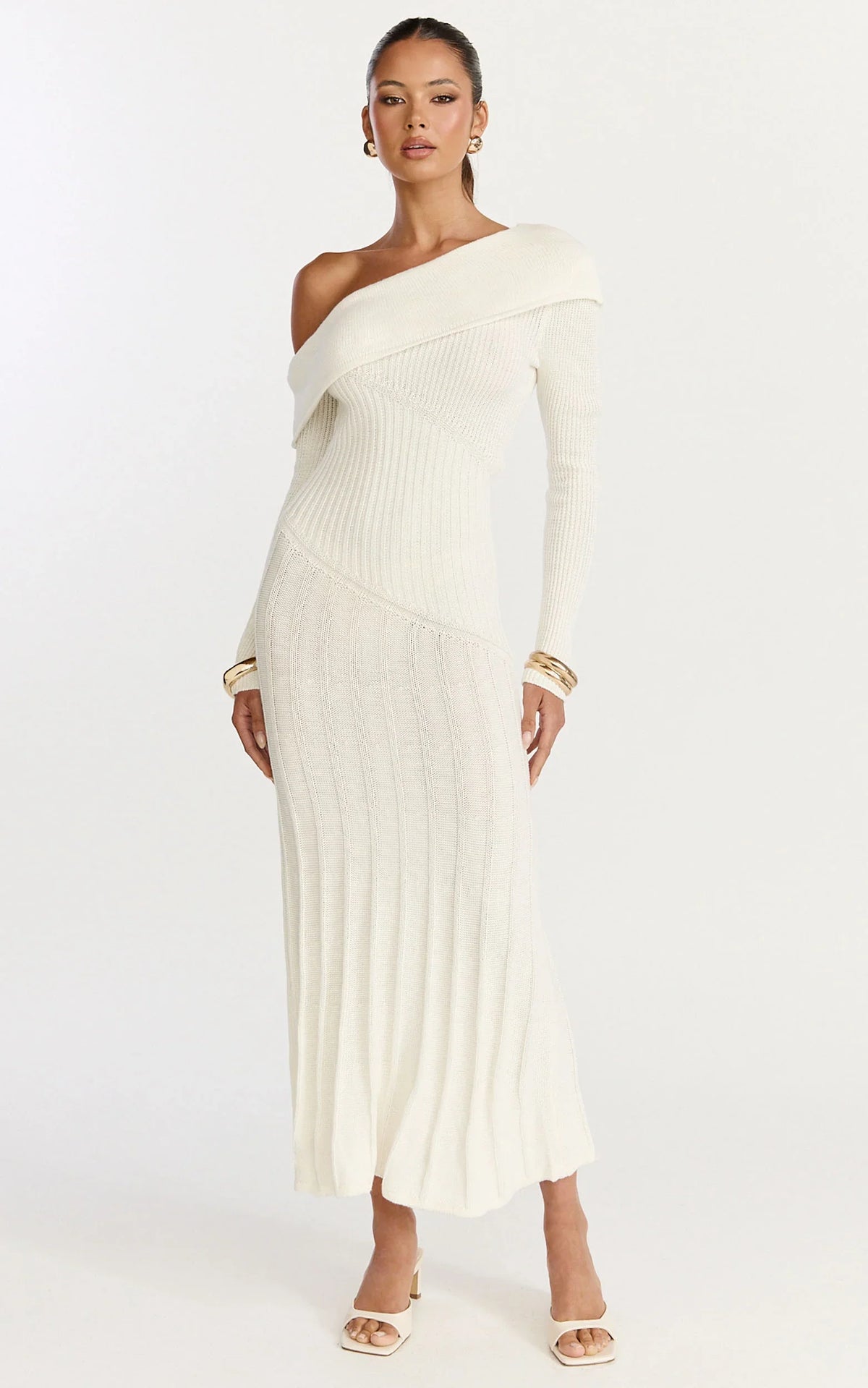 Elaine Midi Dress Knit Off Shoulder Asymmetric Panel Dress in Cream