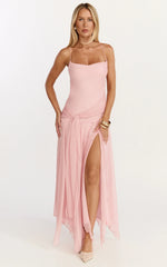 Idris Maxi Dress Cowl Neck Draped Sash Godet Dress in Soft Pink