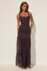 TILLIE SHEER BOTTOM MAXI DRESS BLACK WHITE POLKA