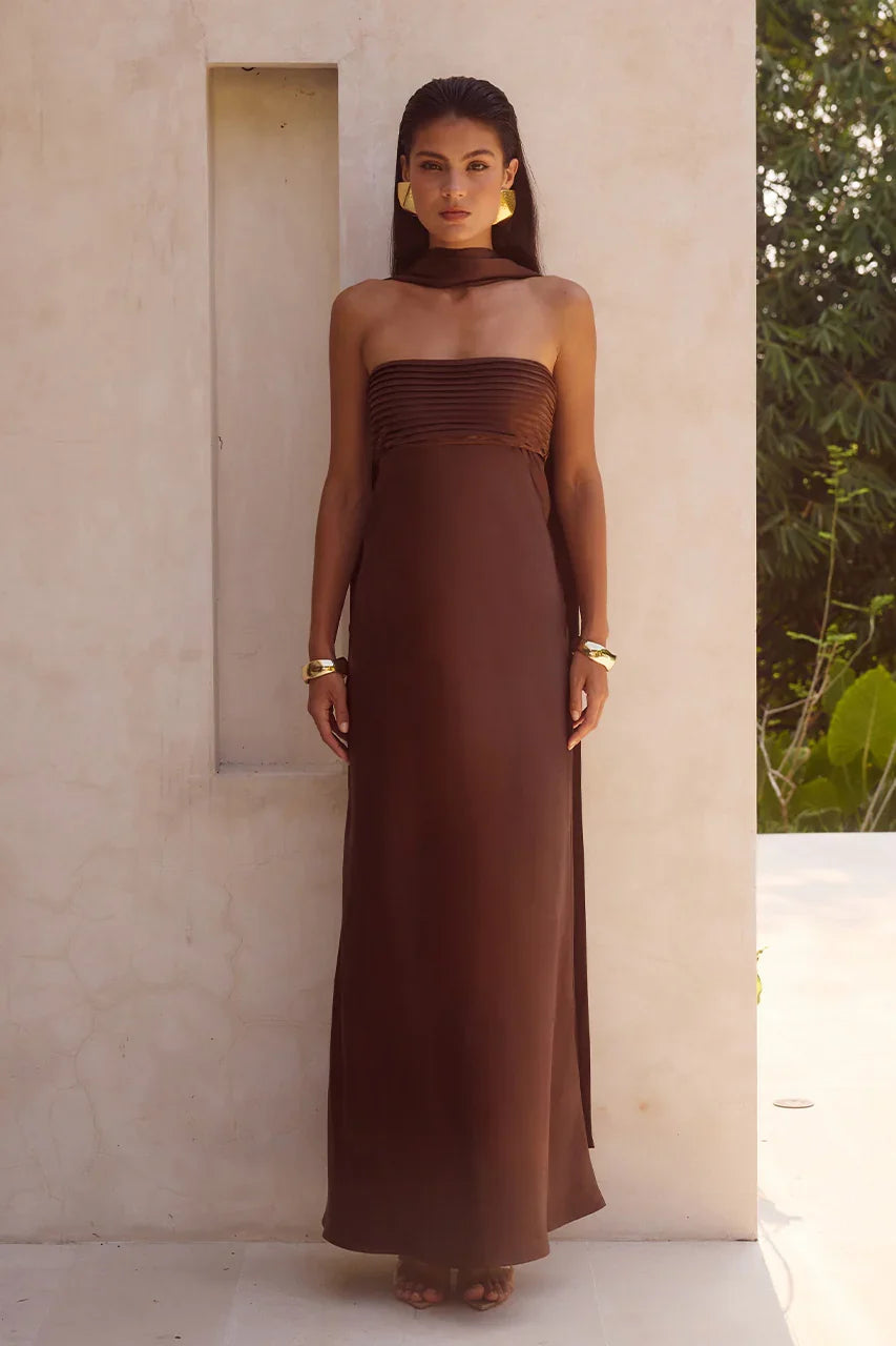 ELSA STRAPLESS SCARF MAXI DRESS CHOCOLATE