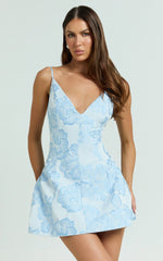 Gianni Mini Dress Plunge A Line Low Back Dress in Light Blue