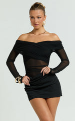 Jade Mini Dress Long Sleeve Off Shoulder Draped Bias Cut Dress in Black