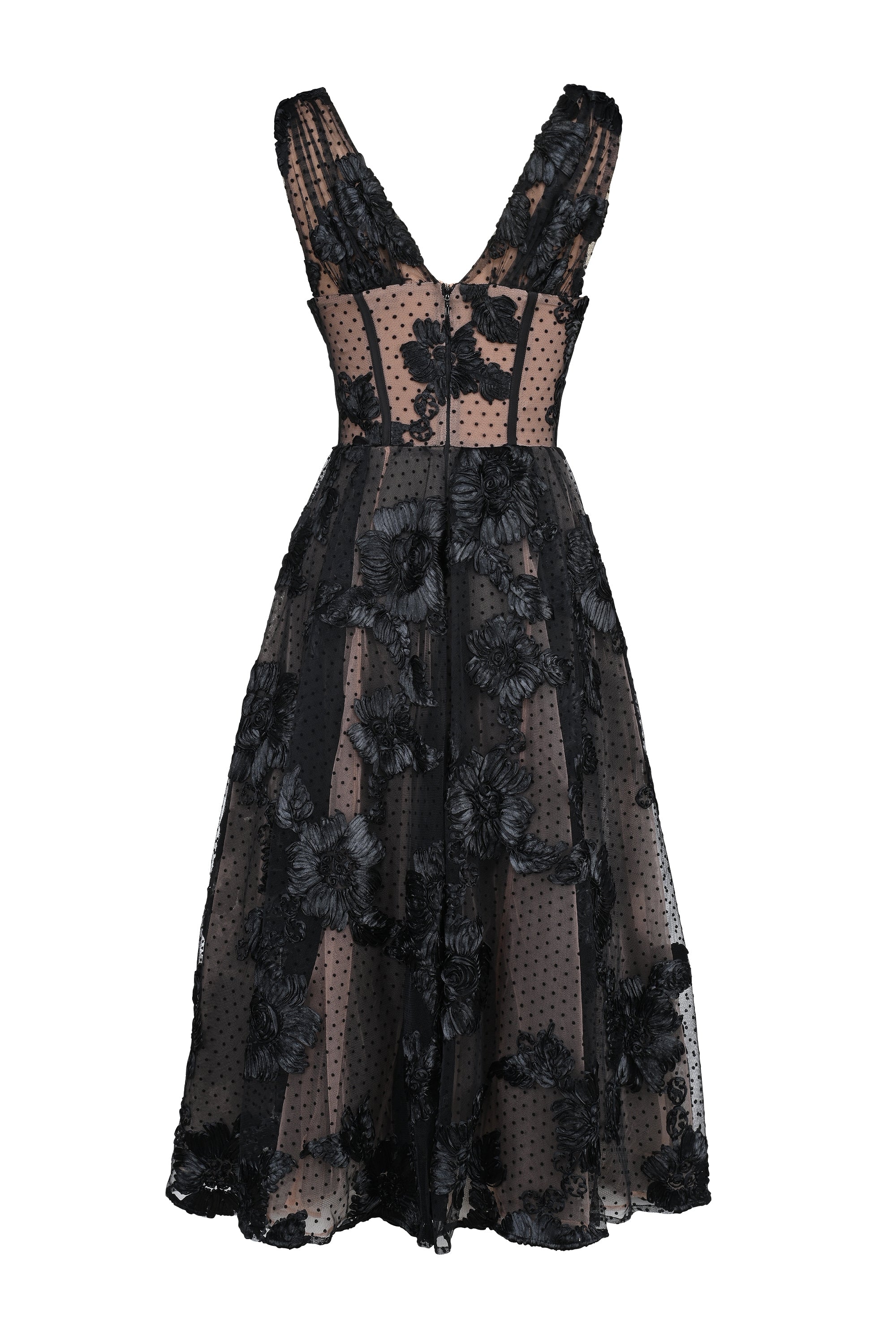 black embroidered tulle corset midi dress