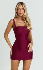 Beckett Mini Dress Square Neck Form Fitting Dress in Wine