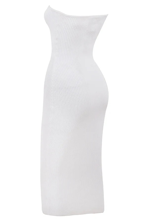 white ribbed knit strapless midi dress