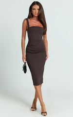 Tiffy Midi Dress Square Neck Ruched Bodycon Dress in Chocolate