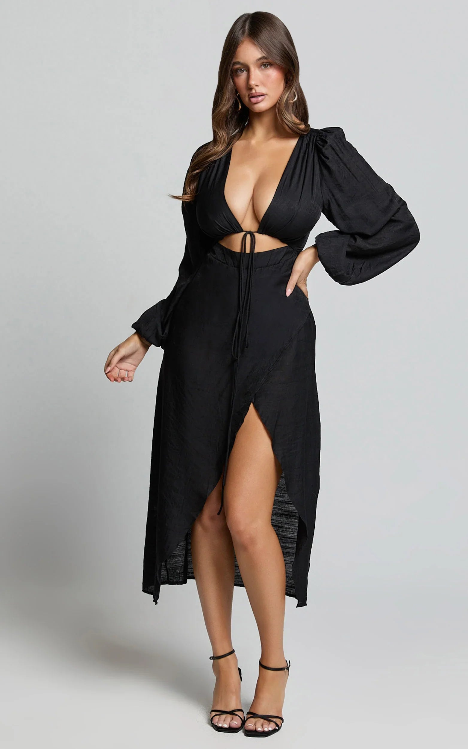Demieh Midi Dress Front Cut Out Long Sleeve Dress in Black