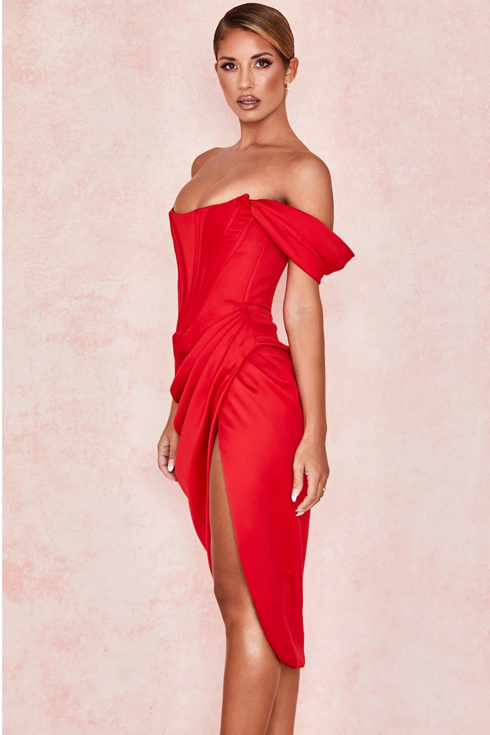red satin off shoulder dress