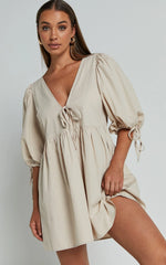 Rosita Mini Dress Tie Front Puff Sleeve Dress in Stone
