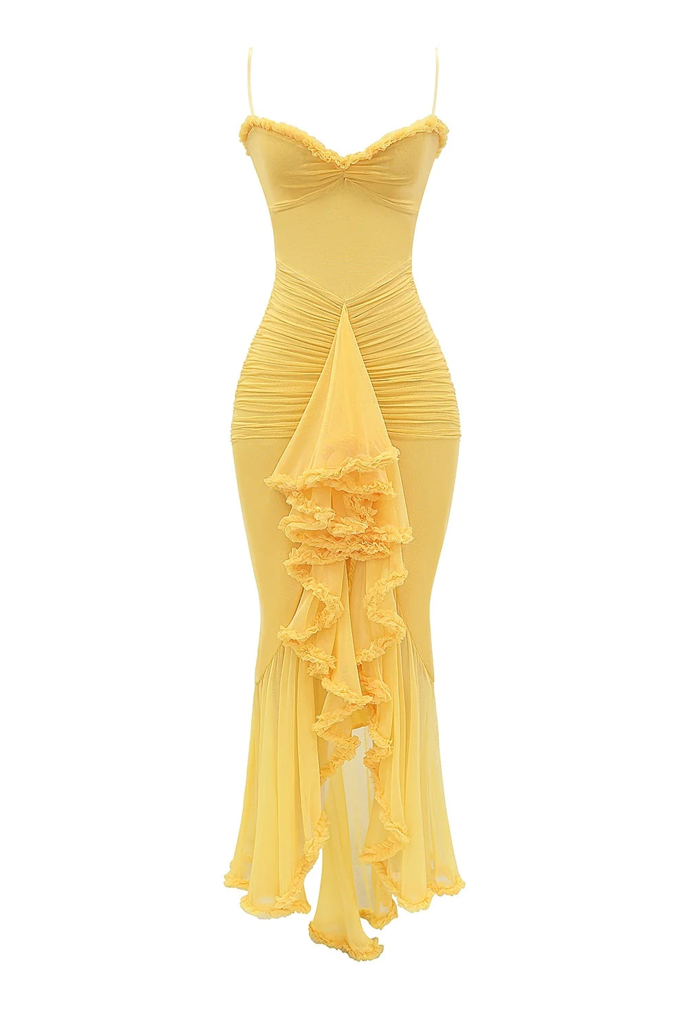 apricot ruffled front gown