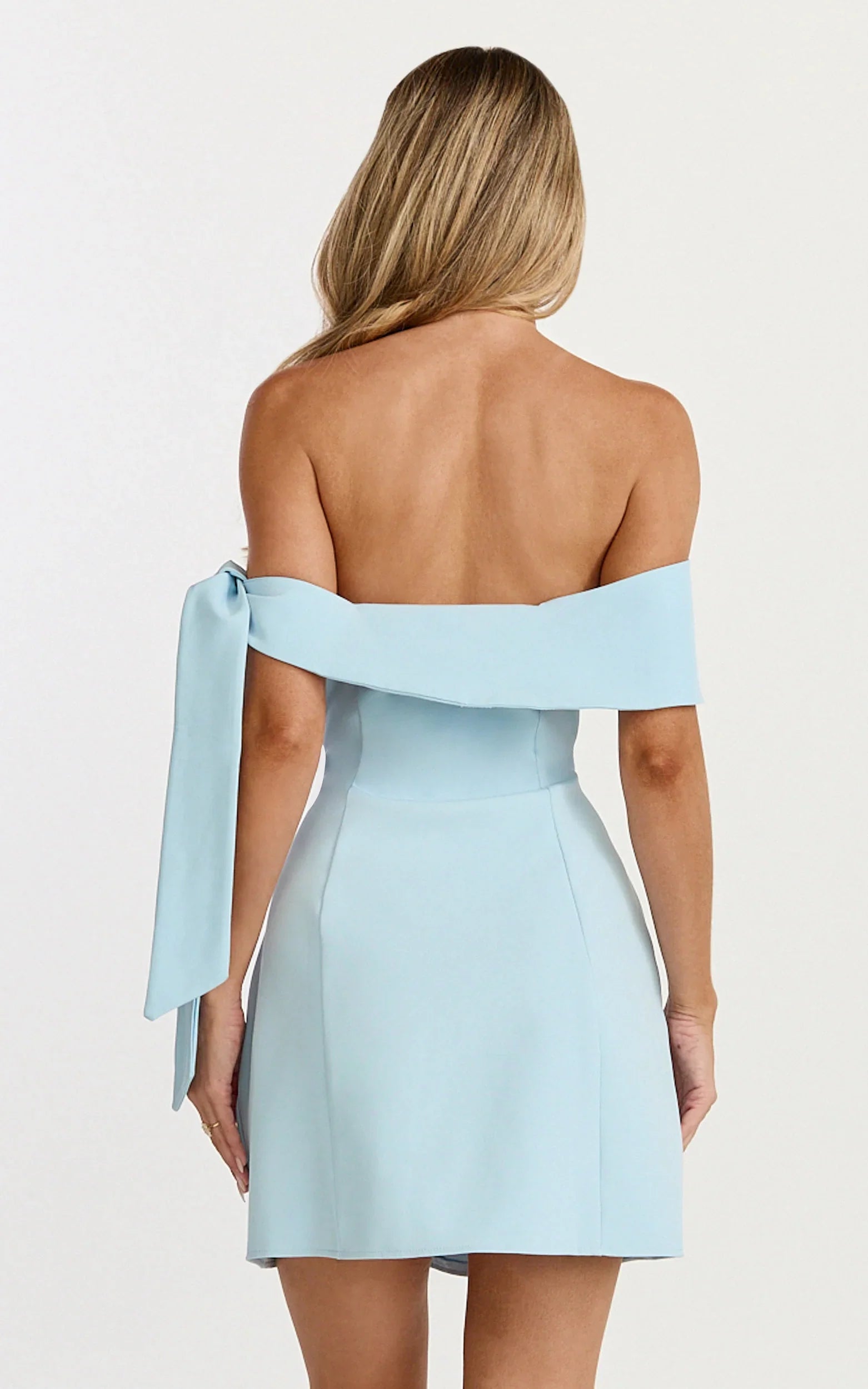 Cecilia Mini Dress Off Shoulder Tie Detail Dress in Pale Blue