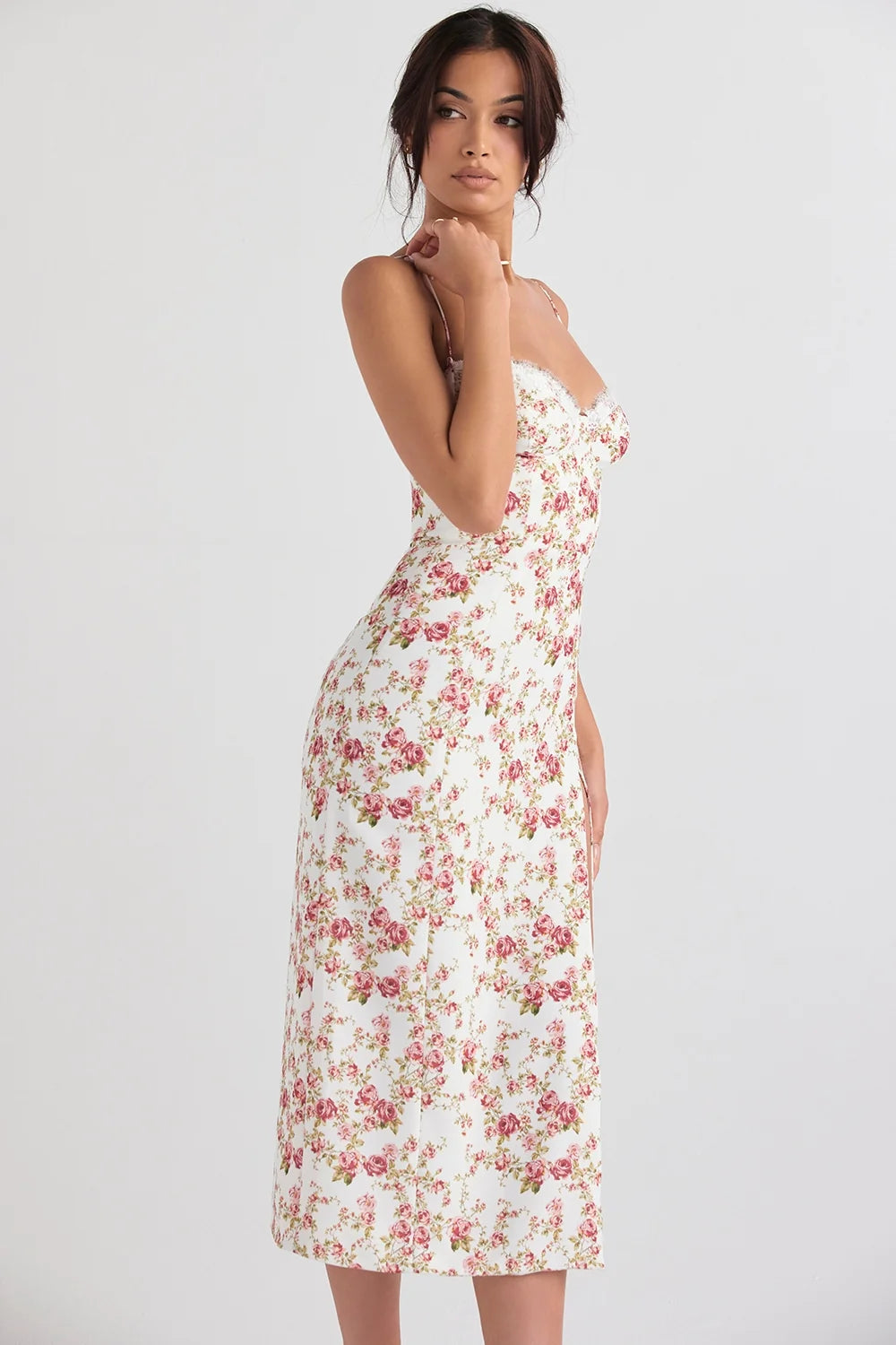 rose print corset midi sundress