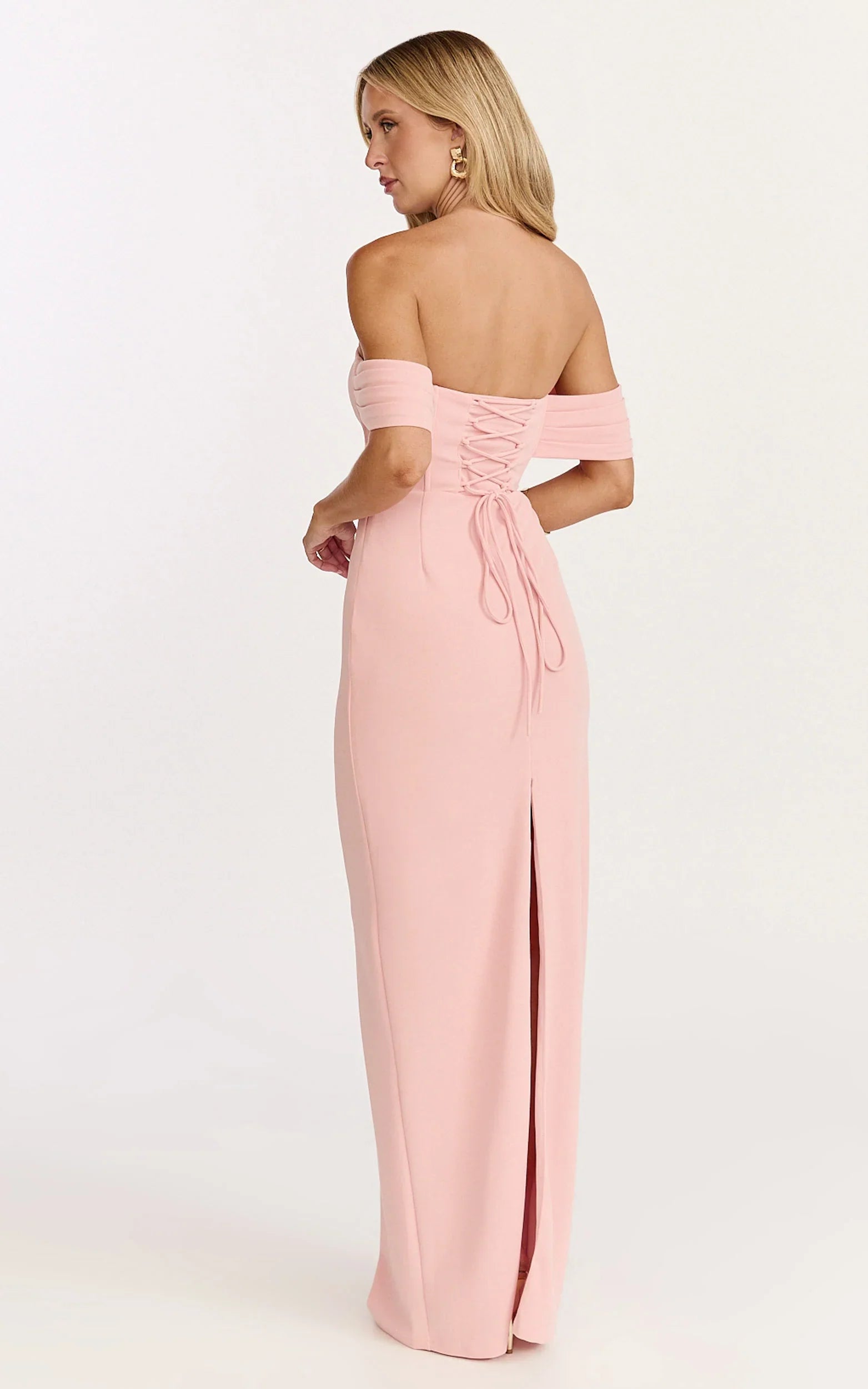 Karina Maxi Dress Off Shoulder Corset Bodice Lace Up Back Dress in Pink