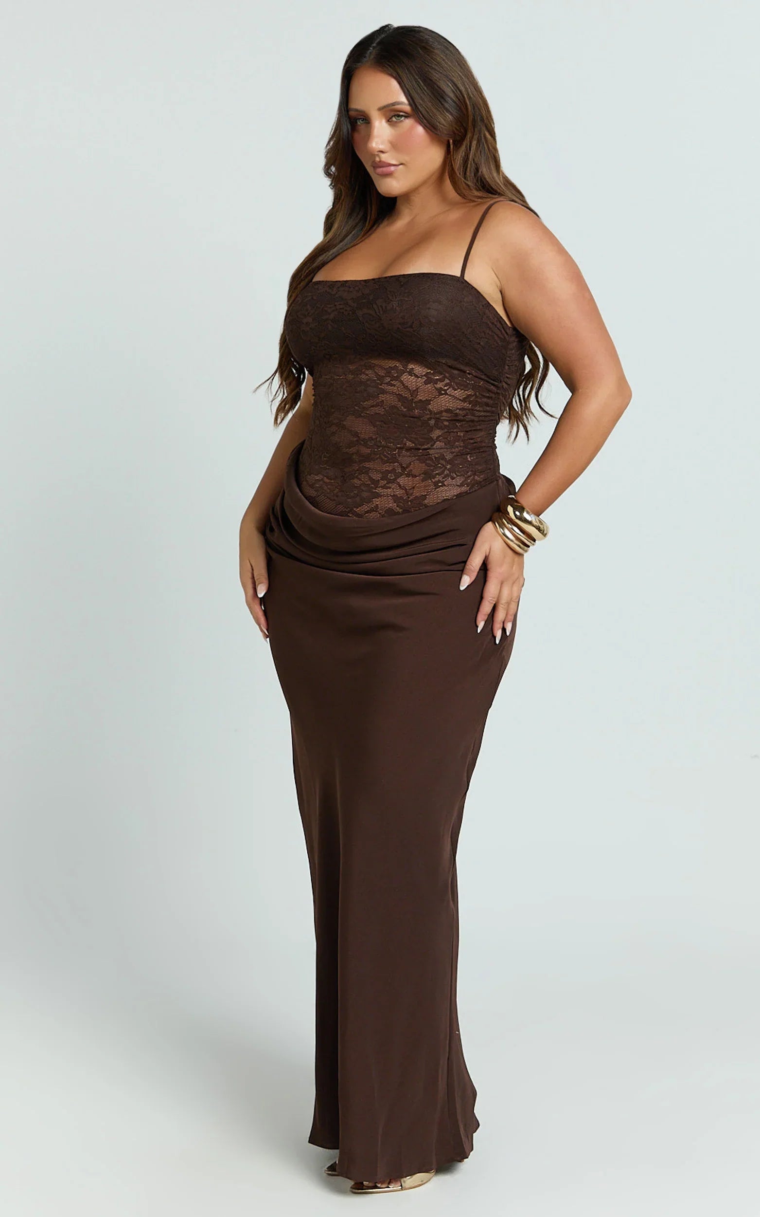 Rania Maxi Dress Contrast Lace Bodice Bias Cowl Drop Waist Dress in Chocolate