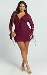 Alesya Mini Dress Ruffle Plunge Neck Long Sleeve Tie Detail Dress in Wine
