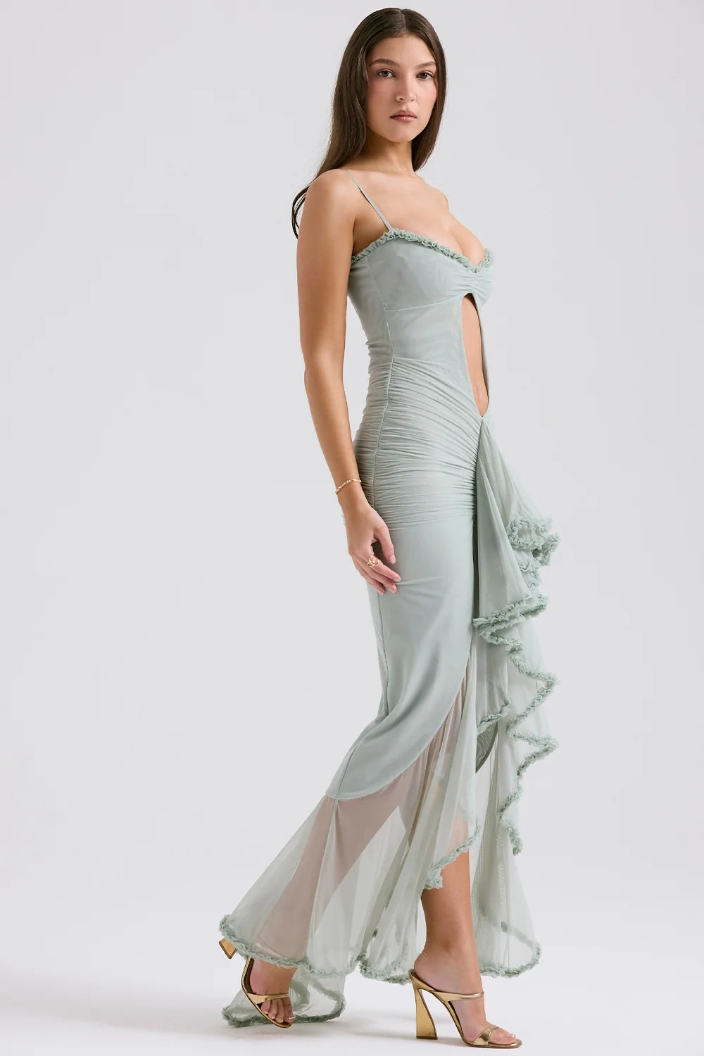 pistachio ruffled front gown