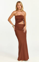 Fergie Maxi Dress Strapless Side Ruched Cut Out Fitted Dress in chestnut brown