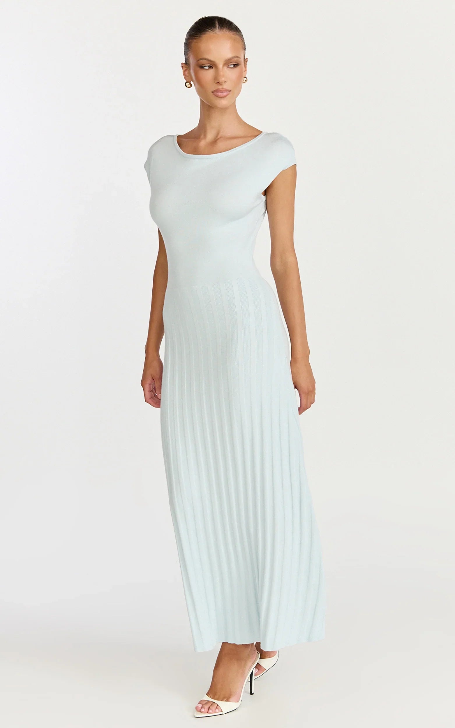 Jadey Midi Dress Cap Sleeve Pleated Dress in Pale Blue