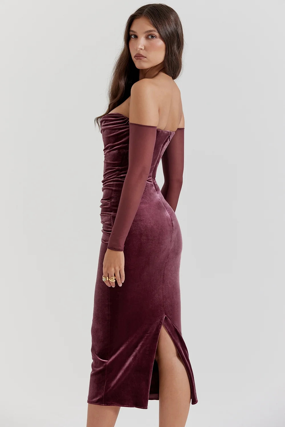 mulberry strapless midi dress