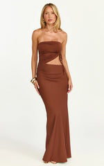 Fergie Maxi Dress Strapless Side Ruched Cut Out Fitted Dress in chestnut brown