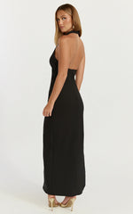 Lani Midi Dress Scooped Neckline Draped Skirt Halter Dress in Black