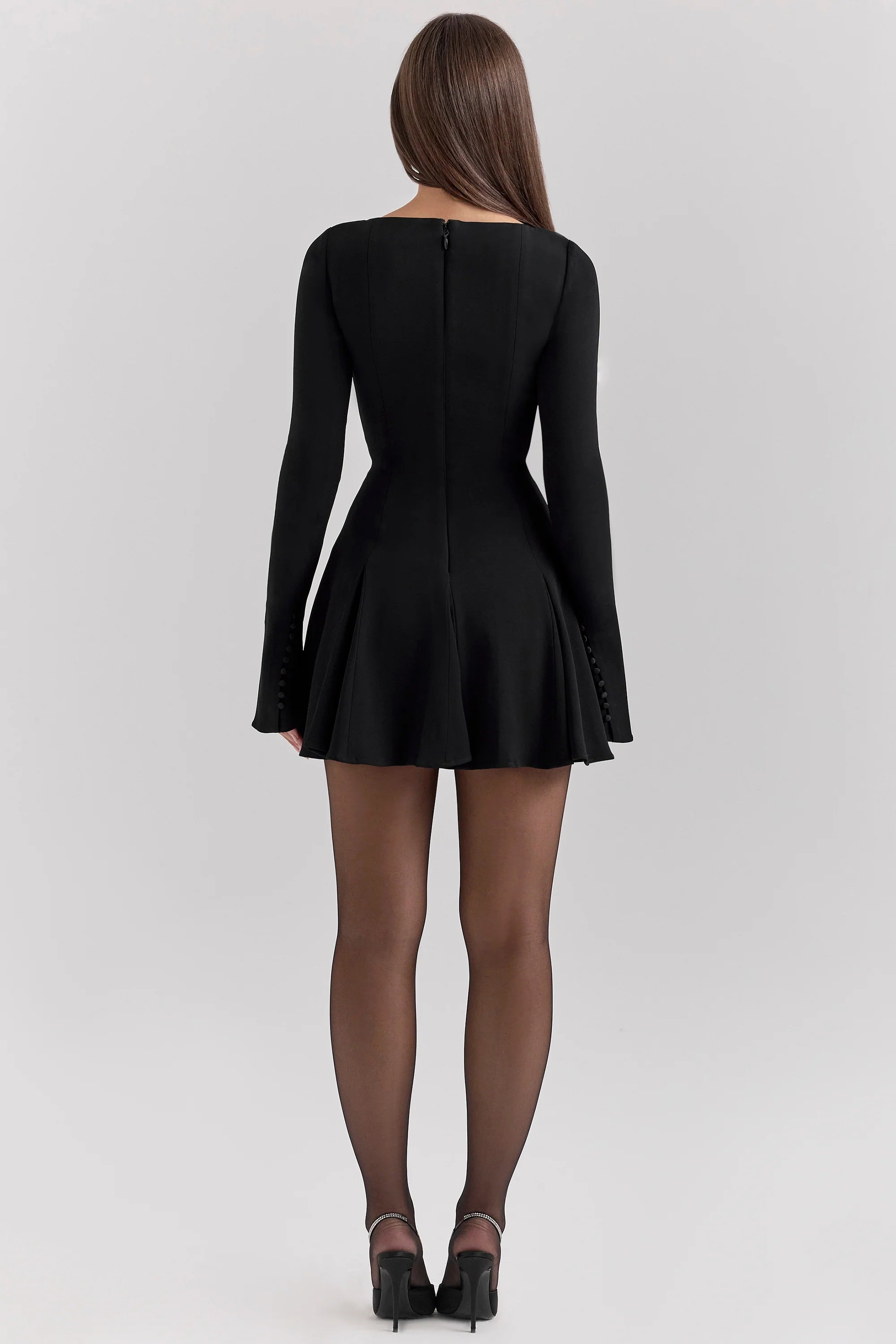 black stretch crepe godet mini dress