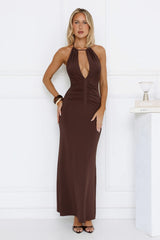 Soft Power Dressing Halter Maxi Dress Chocolate