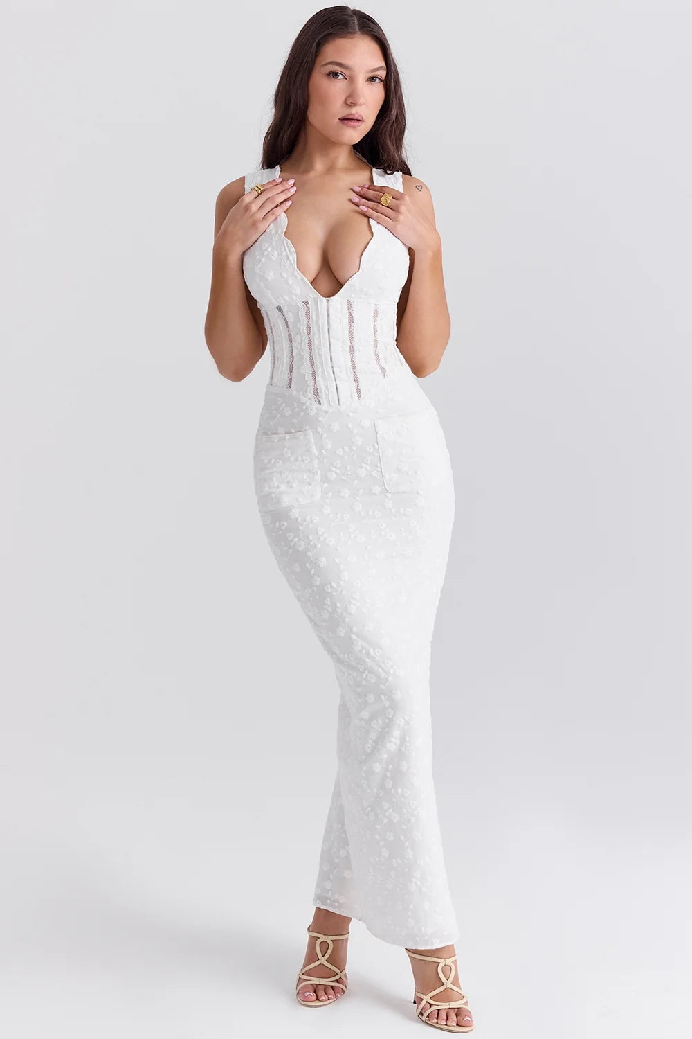 white cotton broderie anglais plunge maxi dress