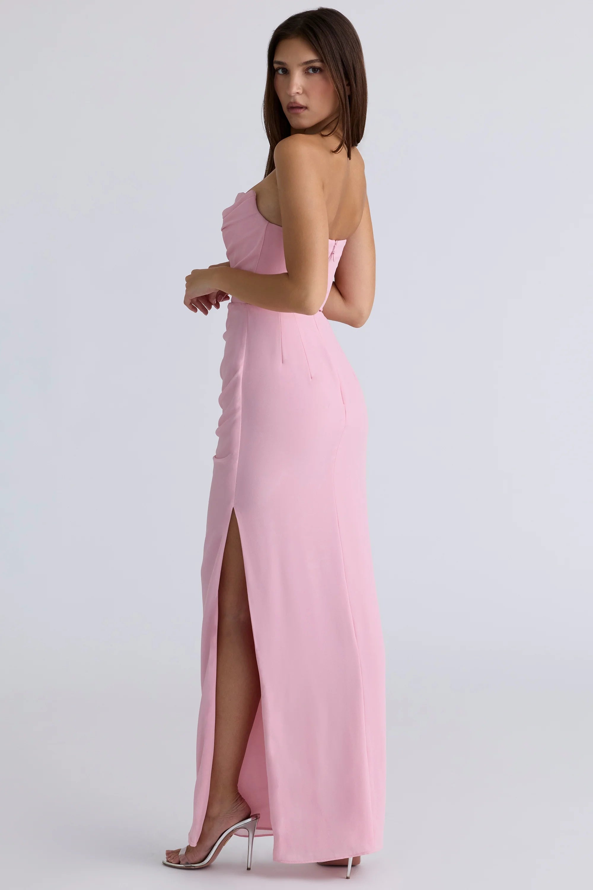 pink quartz georgette strapless gown