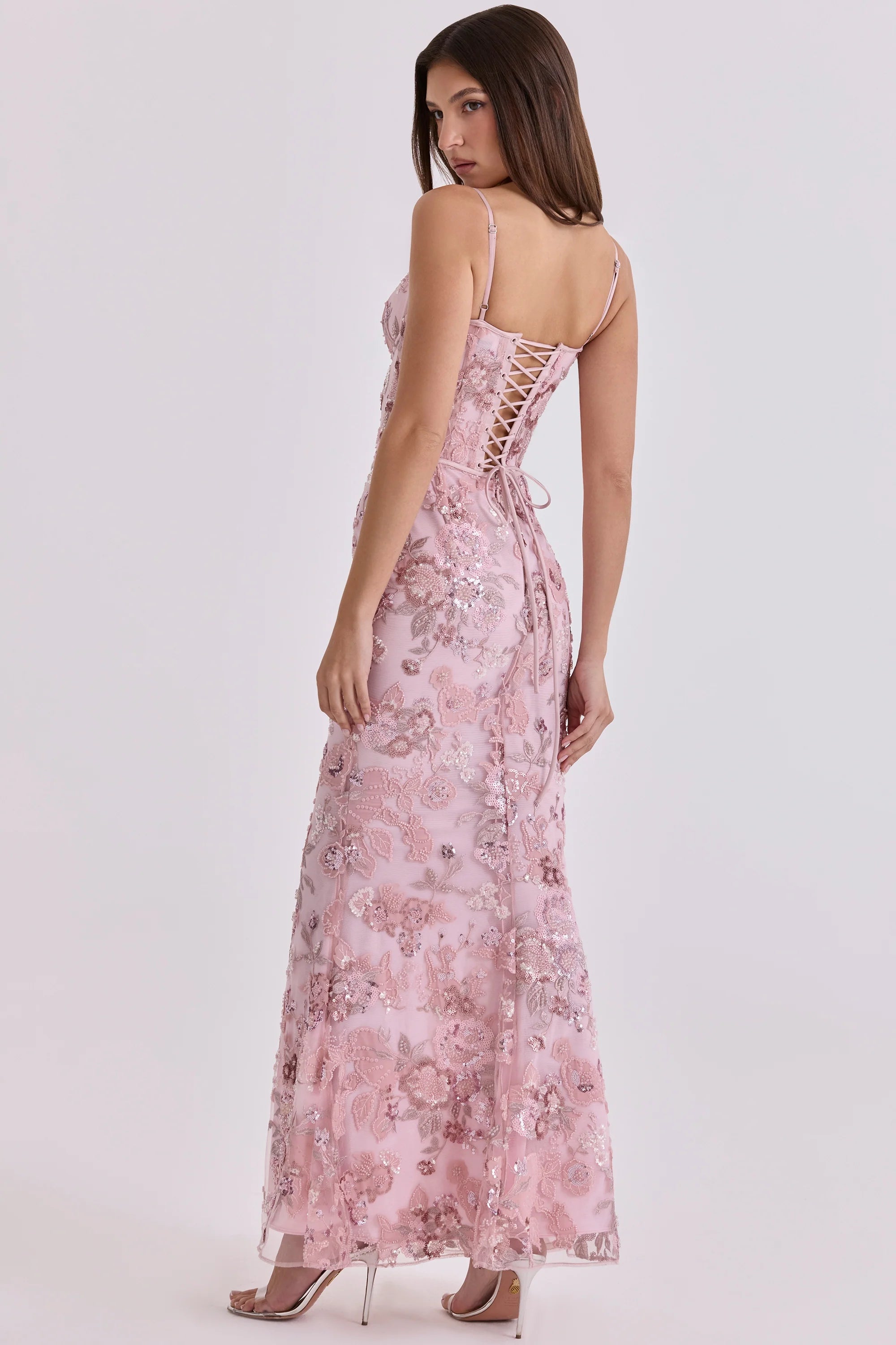 pink hand beaded embellished corset maxi dress limited edition