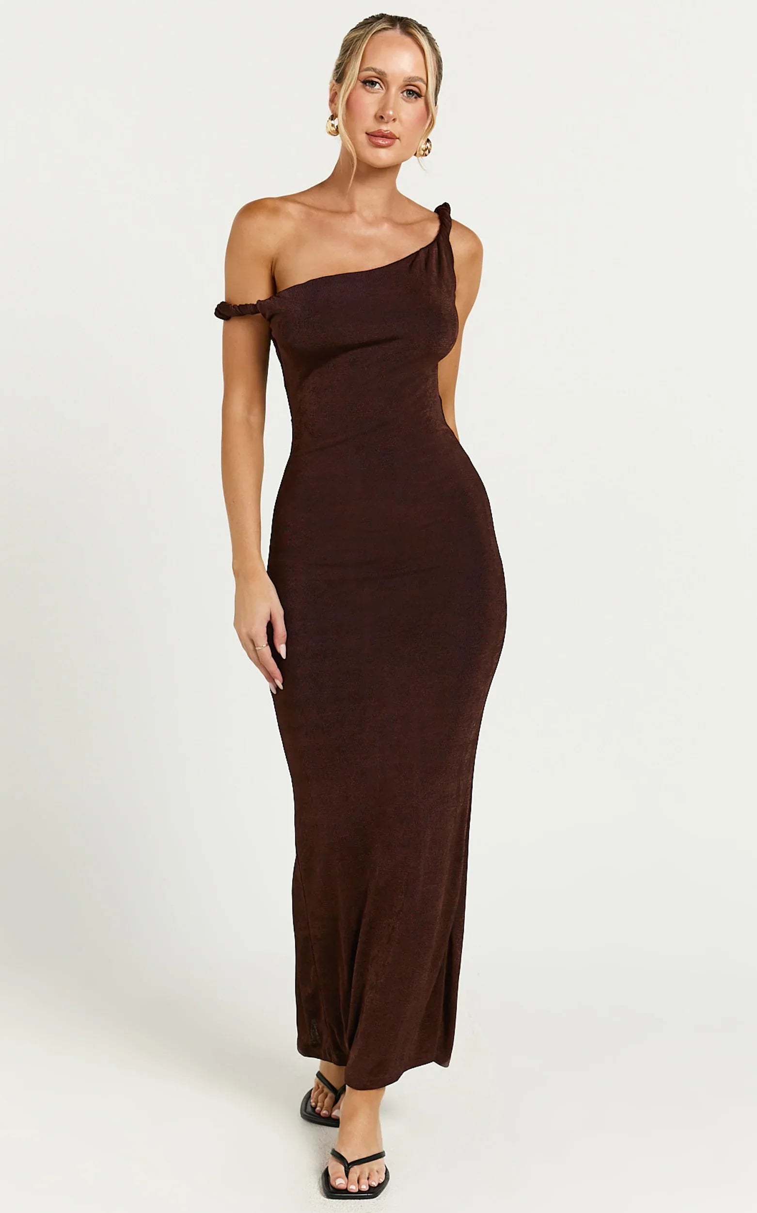 Isabel Midi Dress Twist Off Shoulder Bodycon Dress in Chocolate