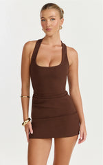 Lucinda Mini Dress Scoop Neck Ruched Bodycon Dress in Chocolate