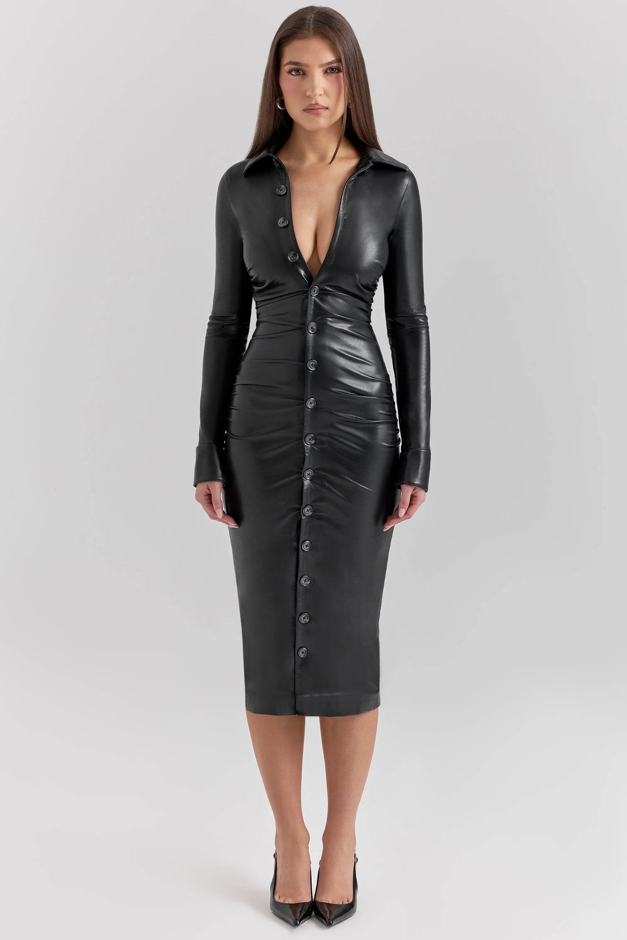 black vegan leather long sleeve midi dress