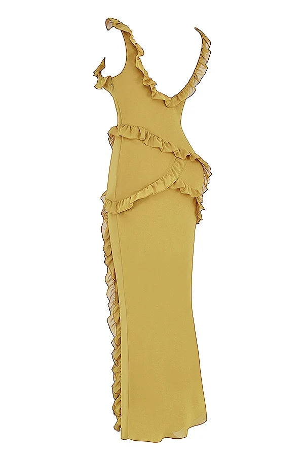 olive ruffle maxi dress