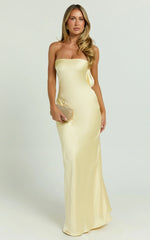 Charlita Maxi Dress Strapless Cowl Back Satin Dress in Butter Yellow