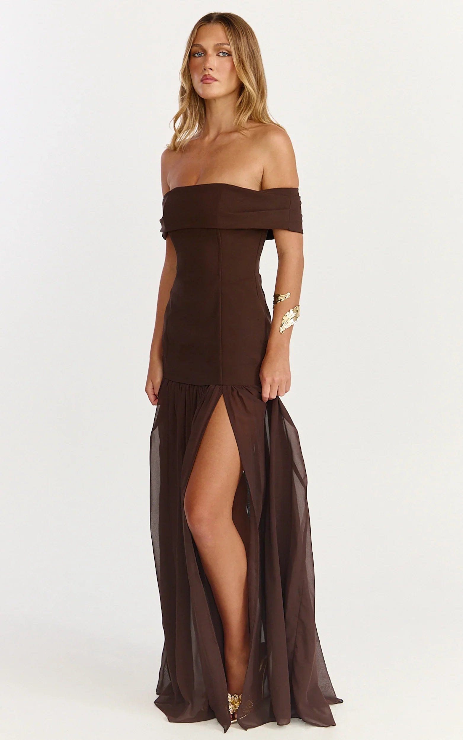 Florence Maxi Dress Off Shoulder Sheer Skirt Dress in Chocolate
