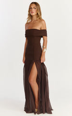 Florence Maxi Dress Off Shoulder Sheer Skirt Dress in Chocolate