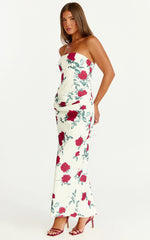 Dahlia Midi Dress Strapless Draped Cowl Waist Fitted Dress in Scarlet Rose Print