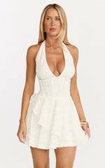 Lacey Mini Dress Lace Corset Style Bodice Halter Dress in White