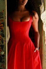 red stretch cotton midi sundress