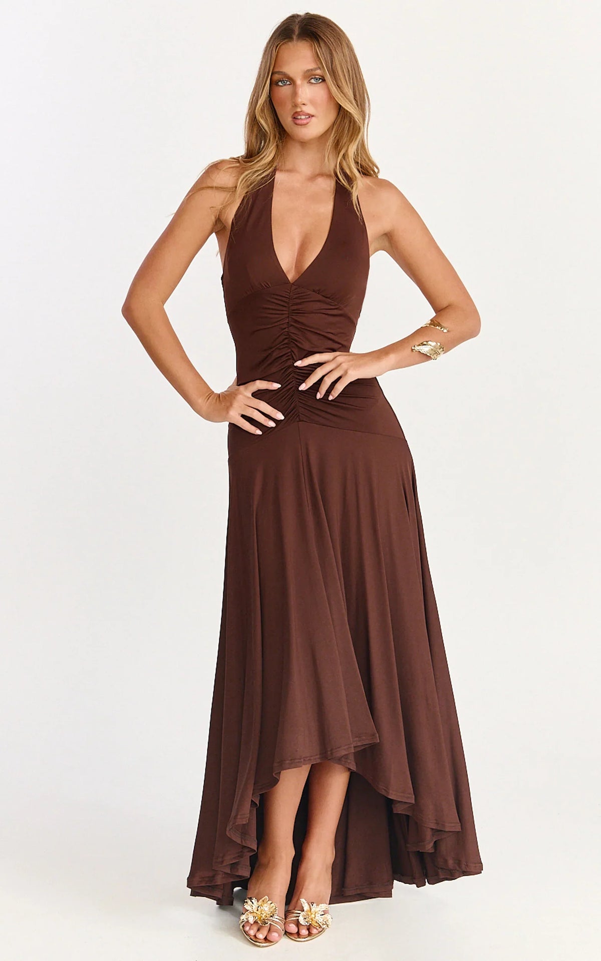 Celeste Maxi Dress Gathered Bodice Dropped Waist Halter Dress in Chocolate