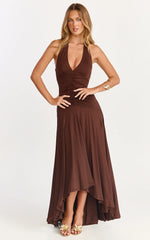Celeste Maxi Dress Gathered Bodice Dropped Waist Halter Dress in Chocolate