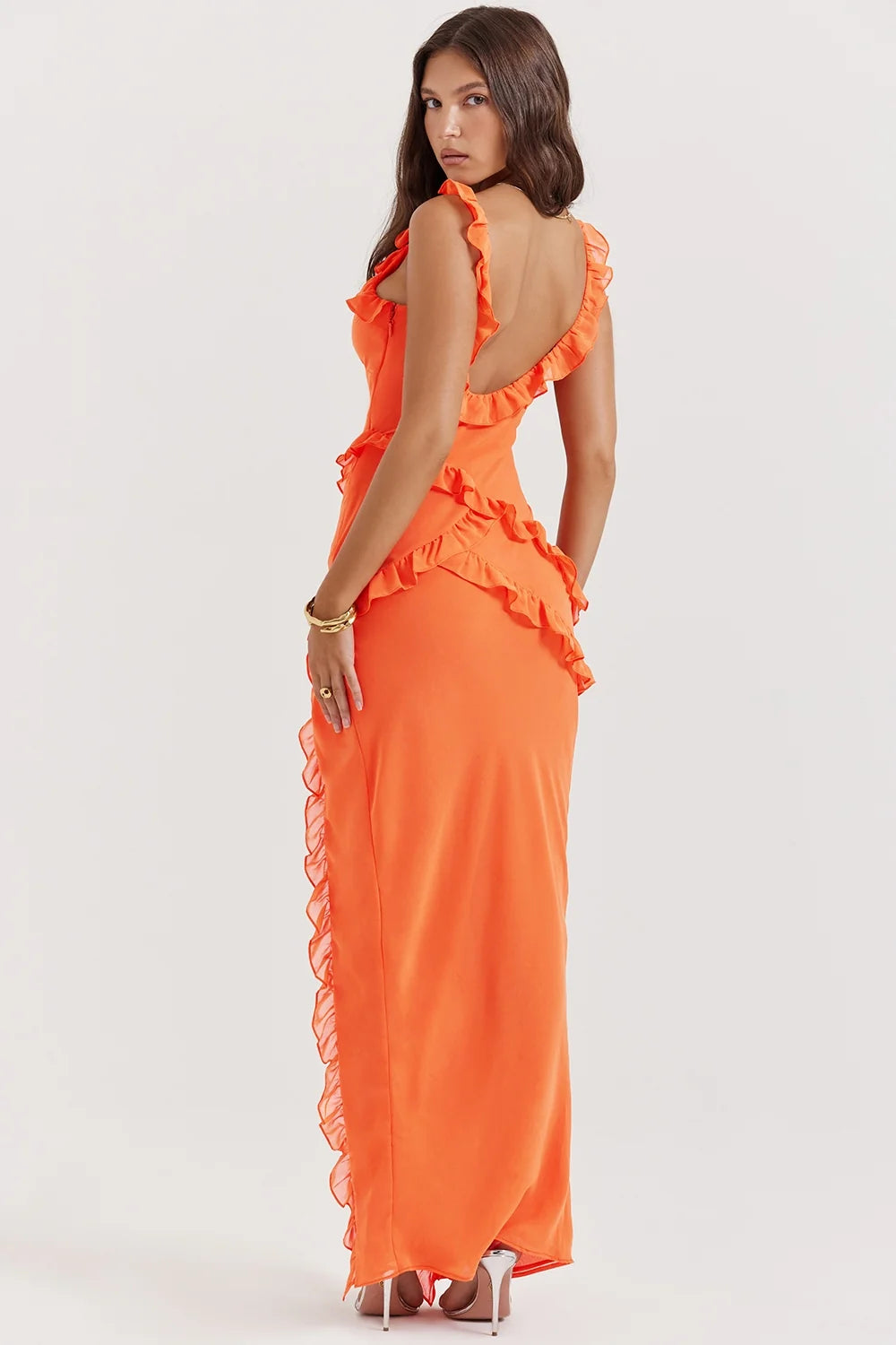 flame orange ruffle maxi dress